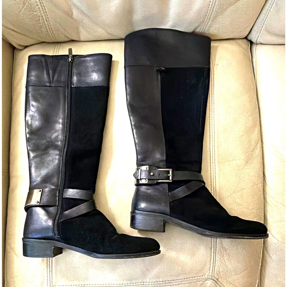 Vince Camuto Women Knee High Riding Boots 7.5M Jaran Black Zip Buckle Equestrian